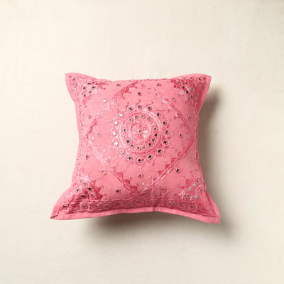 Pink - Mirror Work Cotton Hand Embroidery Cushion Cover 02