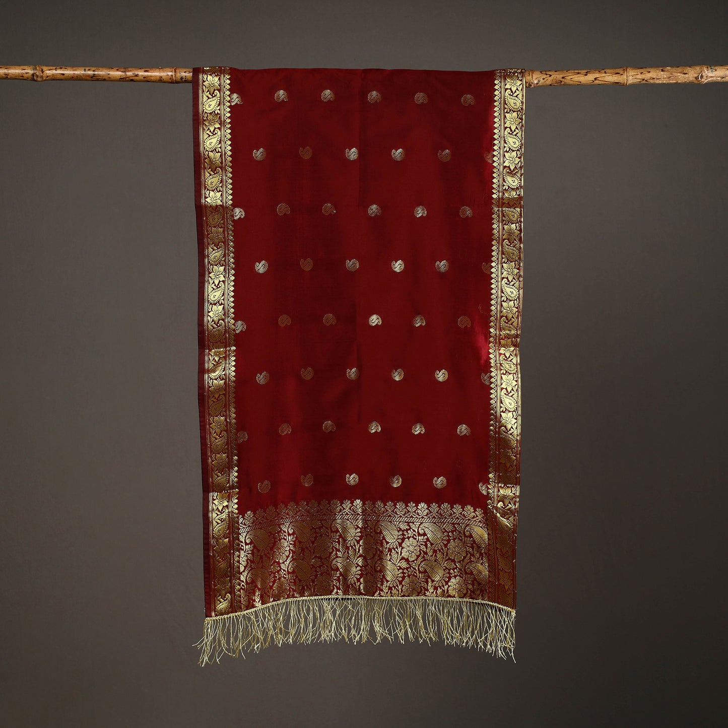 Maroon - Brocade Handloom Silk Nakshi Buti Banarasi Stole with Tassels 32