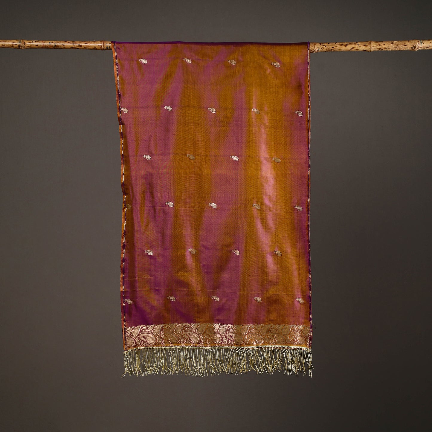 Purple - Brocade Handloom Pure Silk Banarasi Stole with Tassels 03