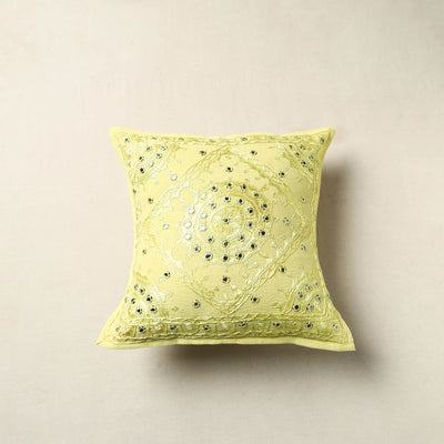 Yellow - Mirror Work Cotton Hand Embroidery Cushion Cover 03