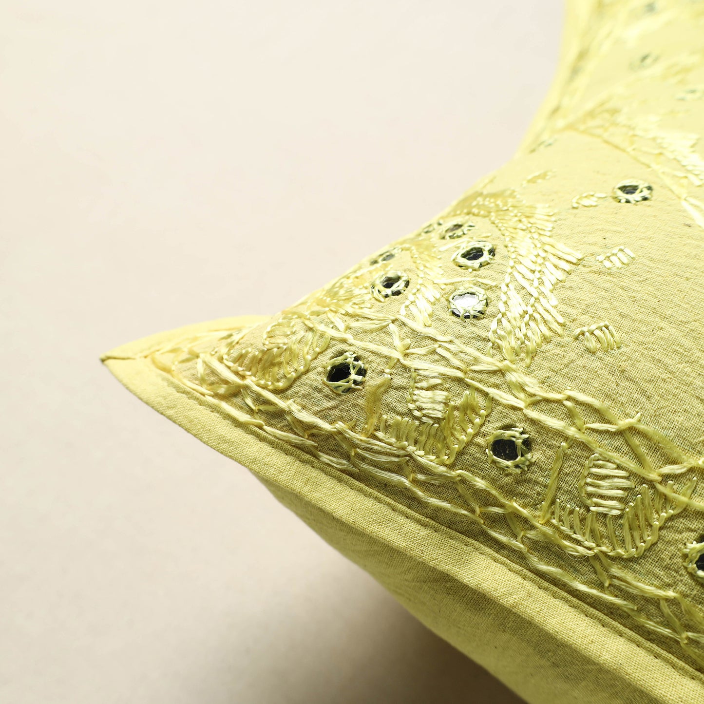 Yellow - Mirror Work Cotton Hand Embroidery Cushion Cover 03