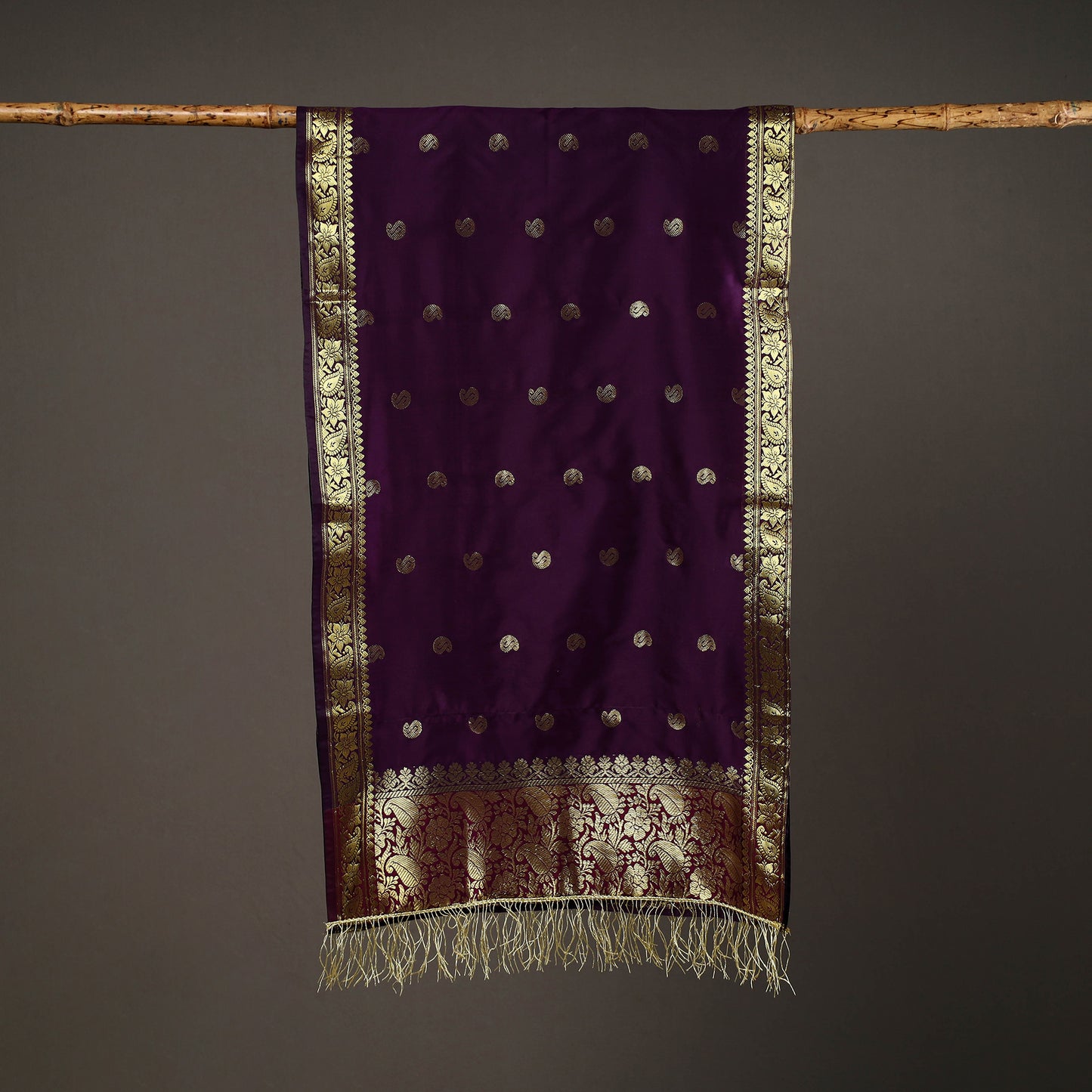 Purple - Brocade Handloom Silk Nakshi Buti Banarasi Stole with Tassels 23