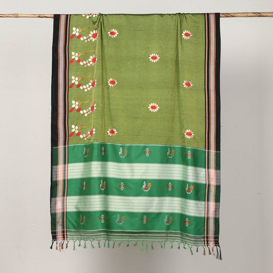 Green - Khun Weave Silk Cotton Saree with Thread Border