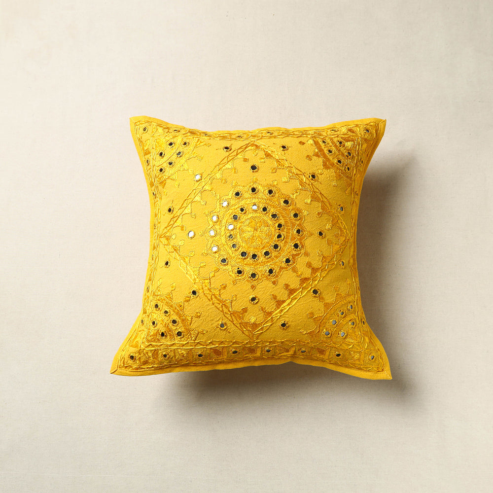 Yellow - Mirror Work Cotton Hand Embroidery Cushion Cover 04