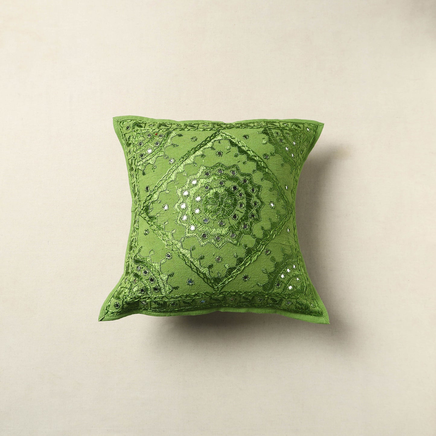 Green - Mirror Work Cotton Hand Embroidery Cushion Cover 05