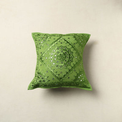 Green - Mirror Work Cotton Hand Embroidery Cushion Cover 05