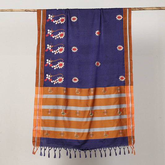 Blue - Khun Weave Silk Cotton Saree with Thread Border