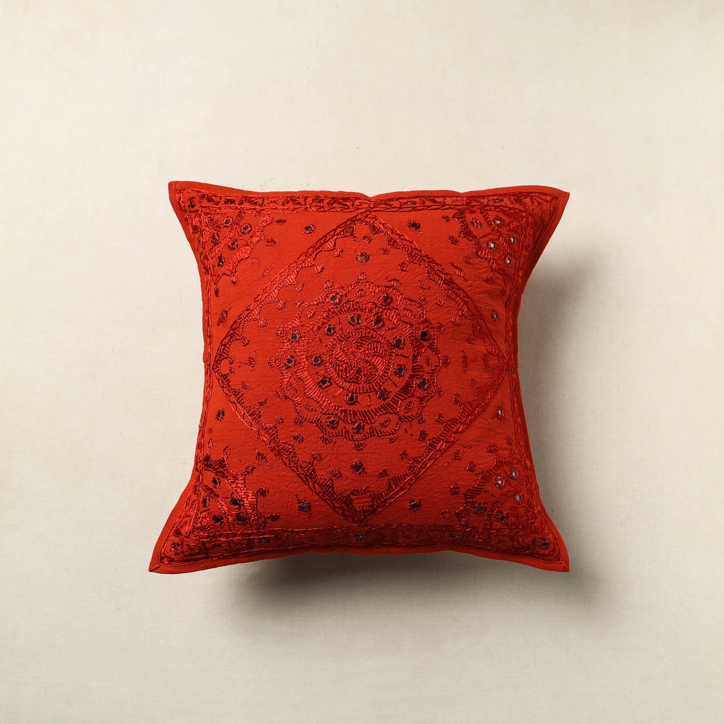 Red - Mirror Work Cotton Hand Embroidery Cushion Cover 06