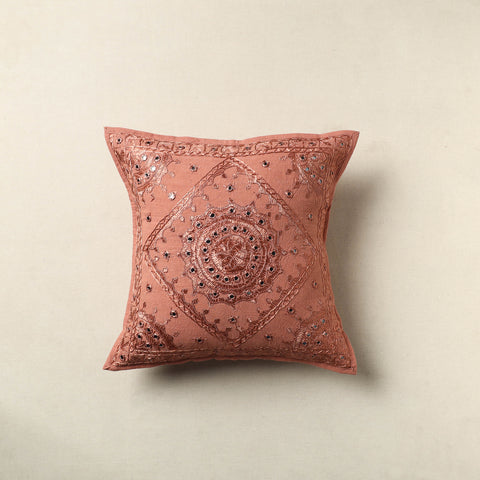 Peach - Mirror Work Cotton Hand Embroidery Cushion Cover 07