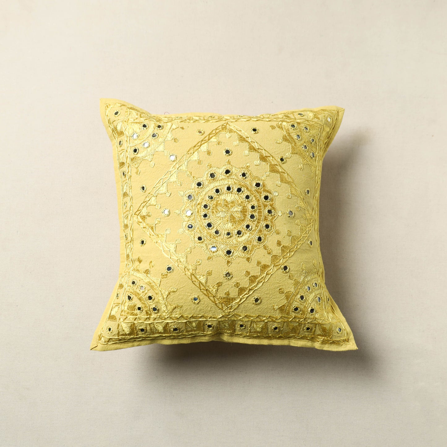 Yellow - Mirror Work Cotton Hand Embroidery Cushion Cover 08