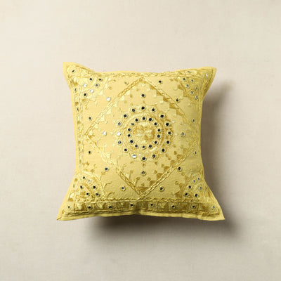 Yellow - Mirror Work Cotton Hand Embroidery Cushion Cover 08