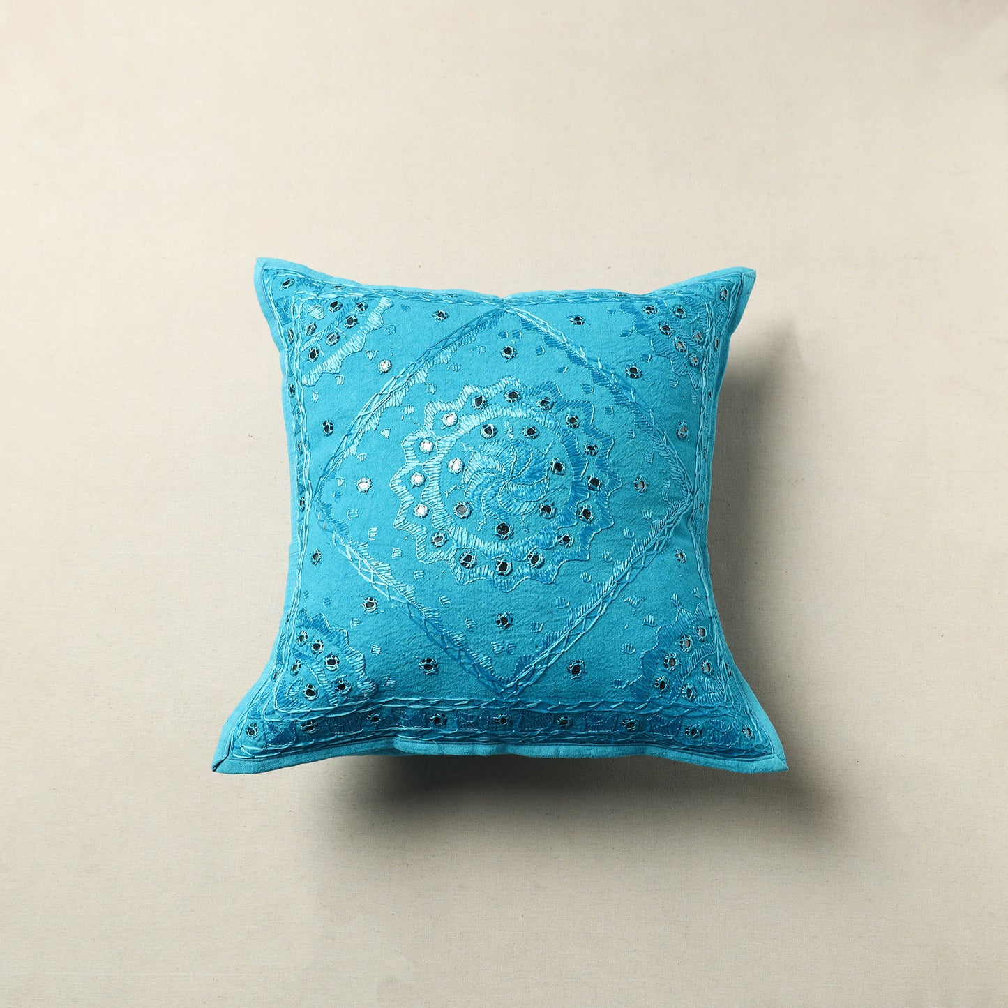 Blue - Mirror Work Cotton Hand Embroidery Cushion Cover 09