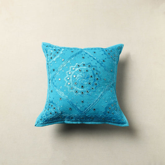 Blue - Mirror Work Cotton Hand Embroidery Cushion Cover 09