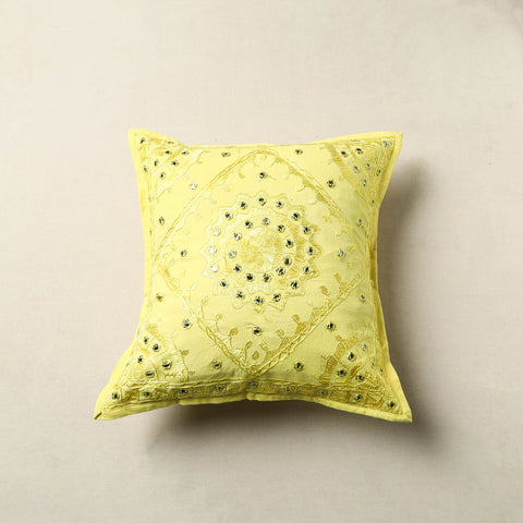 Yellow - Mirror Work Cotton Hand Embroidery Cushion Cover 10