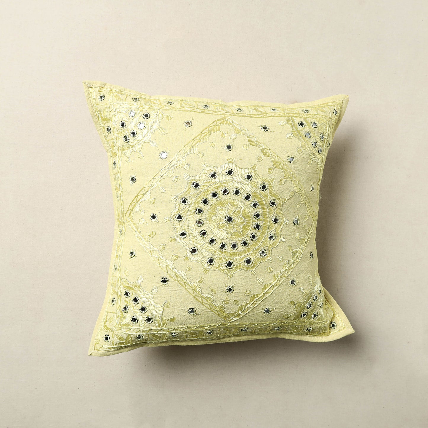 Yellow - Mirror Work Cotton Hand Embroidery Cushion Cover 15