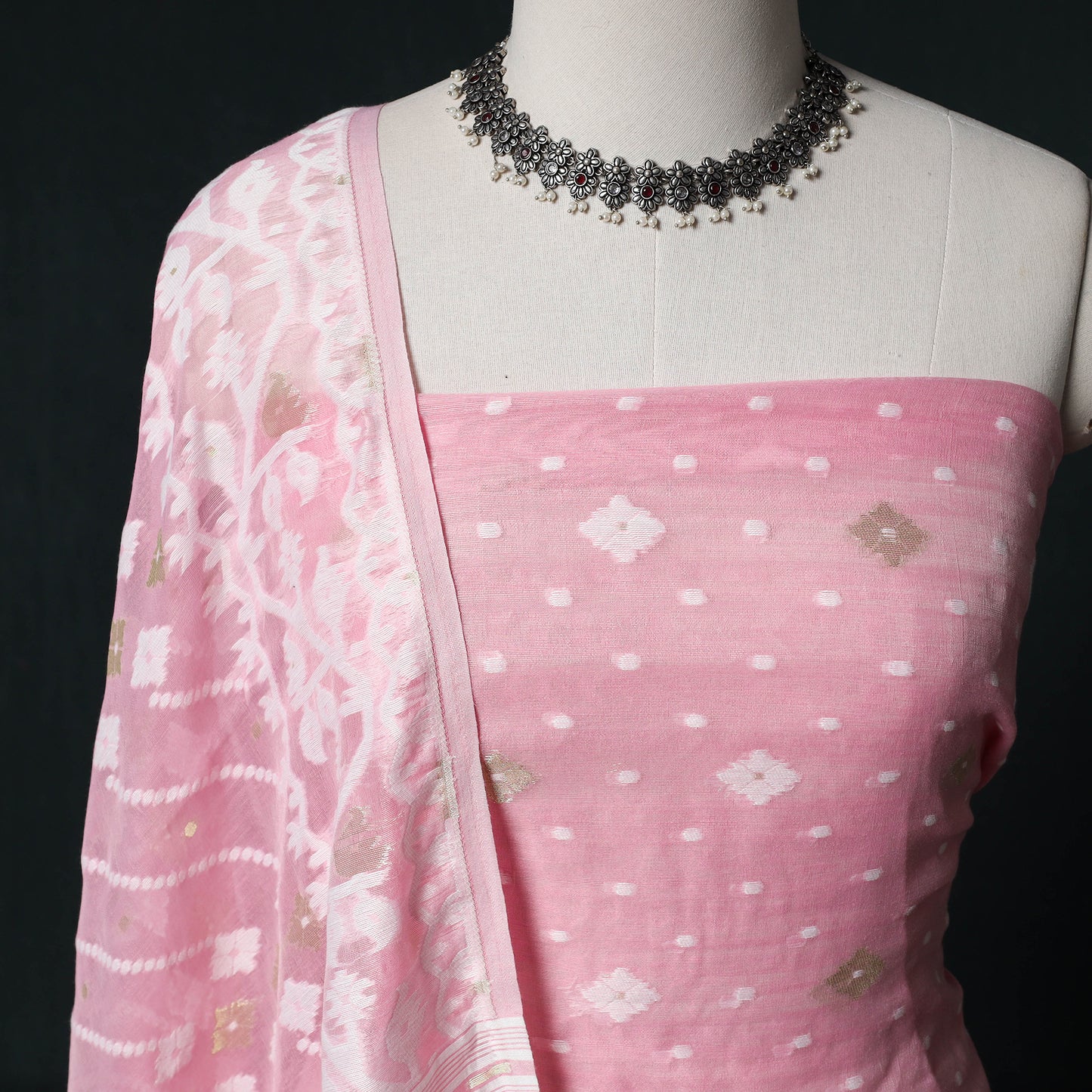 Phulia Jamdani Silk Cotton 2pc Unstitched Dress Material Kurta Set 05