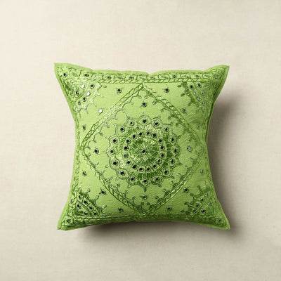 Green - Mirror Work Cotton Hand Embroidery Cushion Cover 16