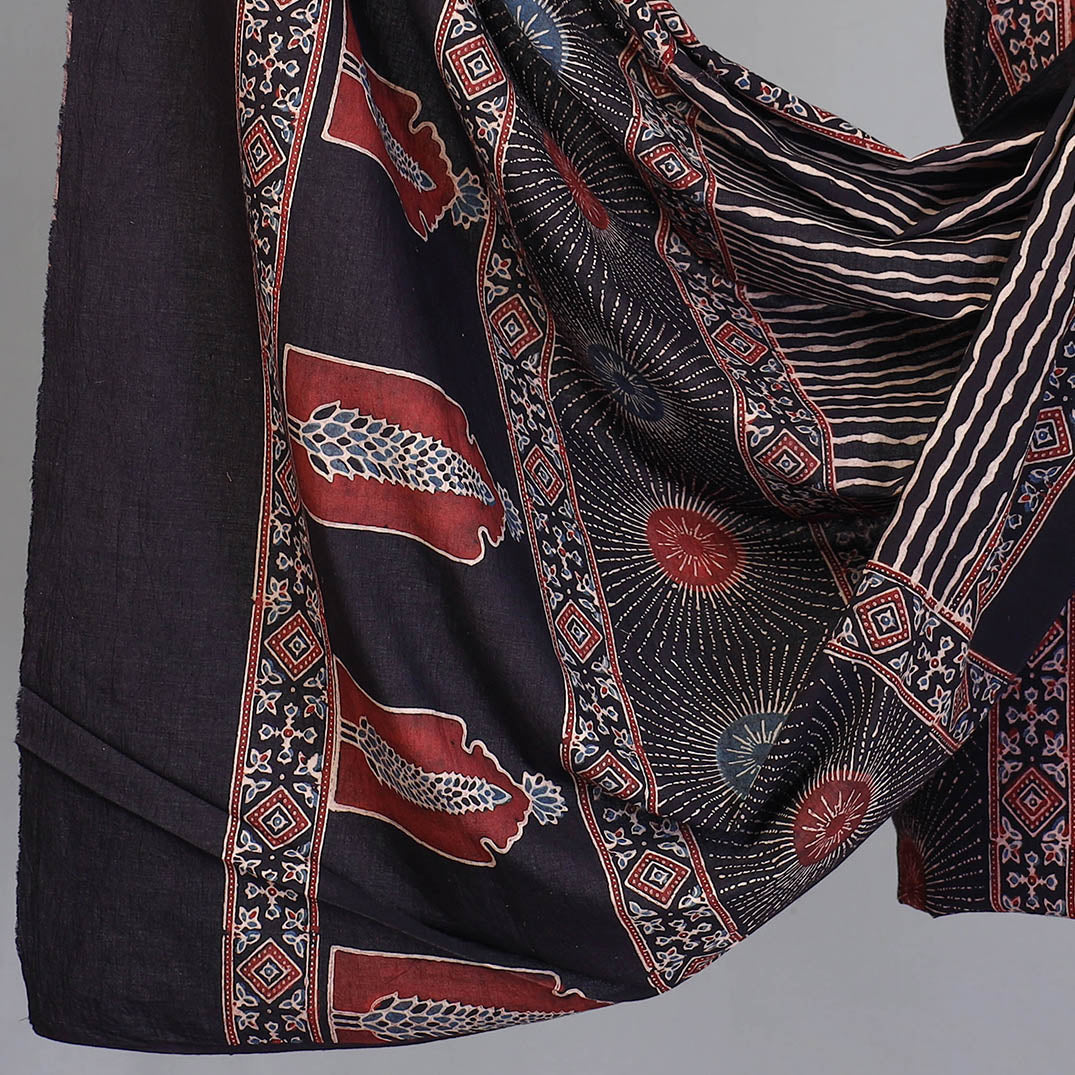Black - 3pc Ajrakh Hand Block Printed Cotton Suit Material Set