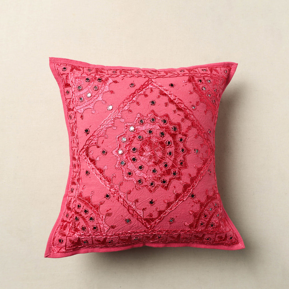 Pink - Mirror Work Cotton Hand Embroidery Cushion Cover 18