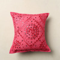 Pink - Mirror Work Cotton Hand Embroidery Cushion Cover 18