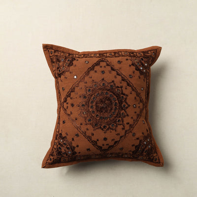 Brown - Mirror Work Cotton Hand Embroidery Cushion Cover 19