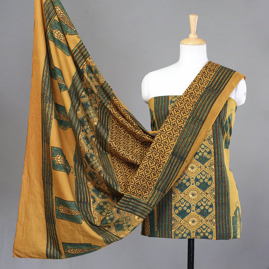 Yellow - 3pc Ajrakh Hand Block Printed Cotton Suit Material Set