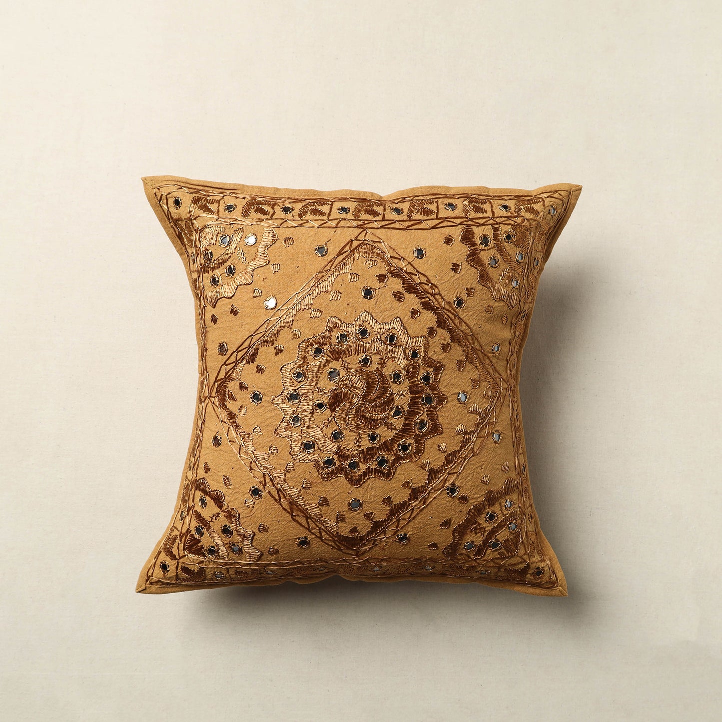 Brown - Mirror Work Cotton Hand Embroidery Cushion Cover 20