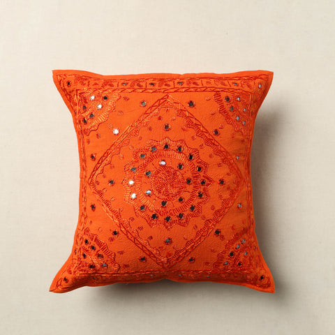 Orange - Mirror Work Cotton Hand Embroidery Cushion Cover 23