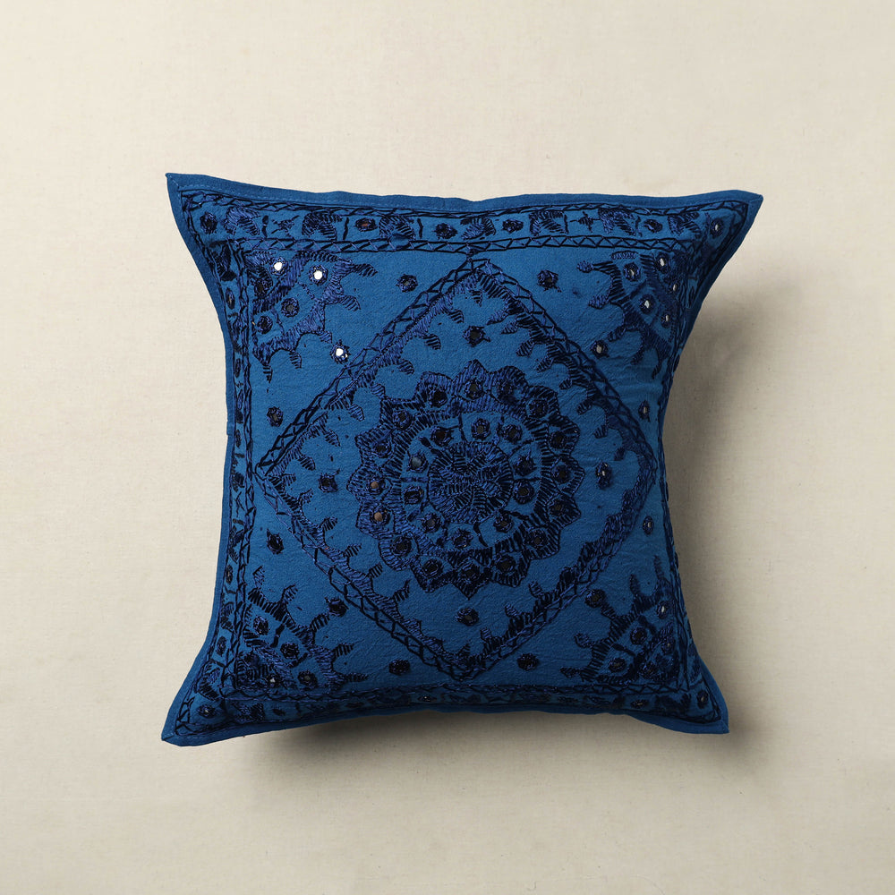 Blue - Mirror Work Cotton Hand Embroidery Cushion Cover 24