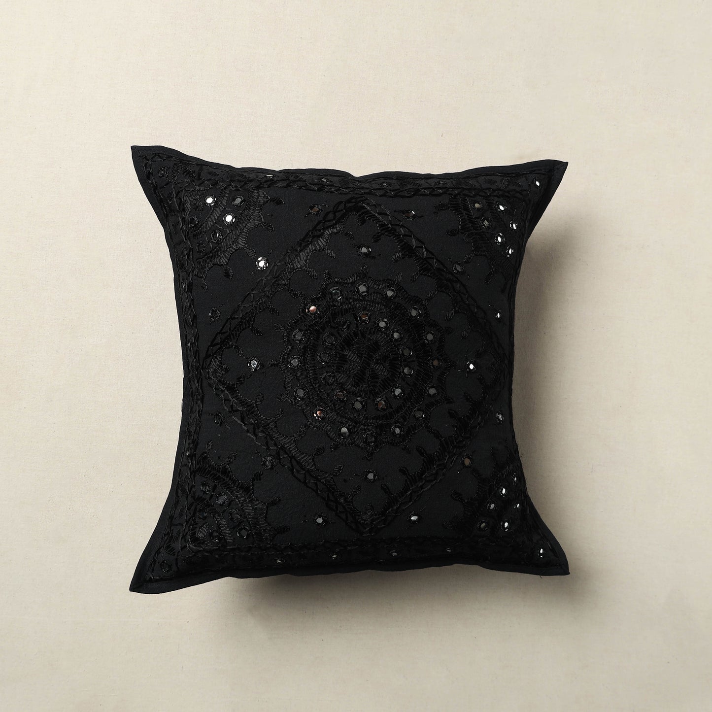 Black - Mirror Work Cotton Hand Embroidery Cushion Cover 25