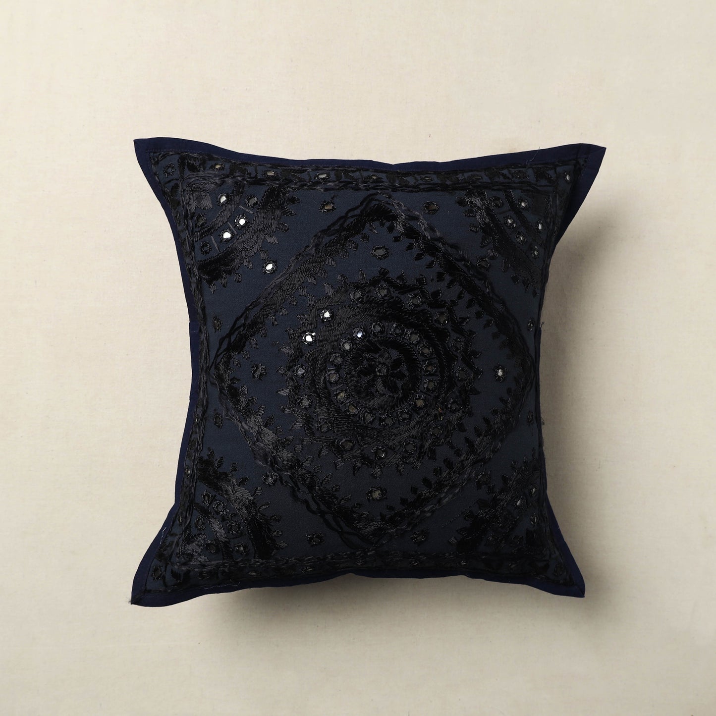 Blue - Mirror Work Cotton Hand Embroidery Cushion Cover 26