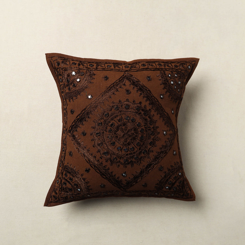 Brown - Mirror Work Cotton Hand Embroidery Cushion Cover 30