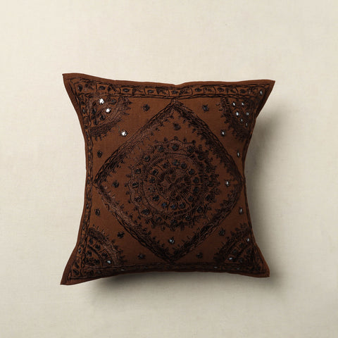 Brown - Mirror Work Cotton Hand Embroidery Cushion Cover 30