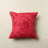 Pink - Mirror Work Cotton Hand Embroidery Cushion Cover 32