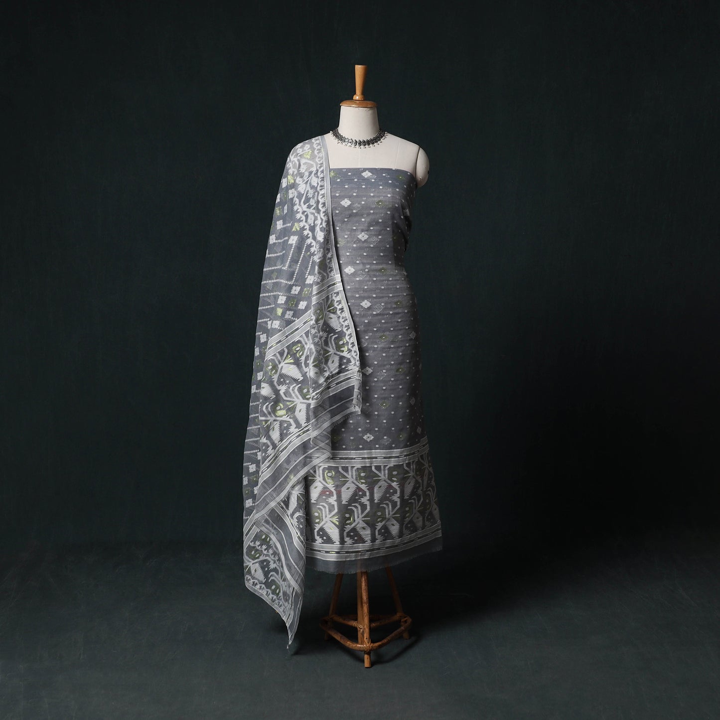 Phulia Jamdani Silk Cotton 2pc Unstitched Dress Material Kurta Set 11
