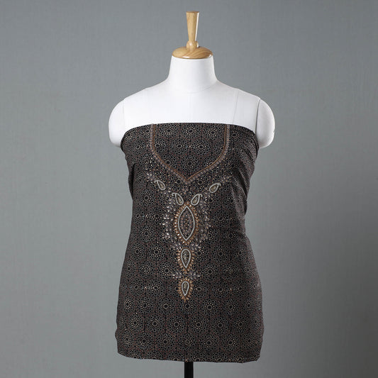 Black - Ajrakh Block Printed Kundan & Bead Work Hand Embroidery Cotton Kurti Material - 2.65 Meter