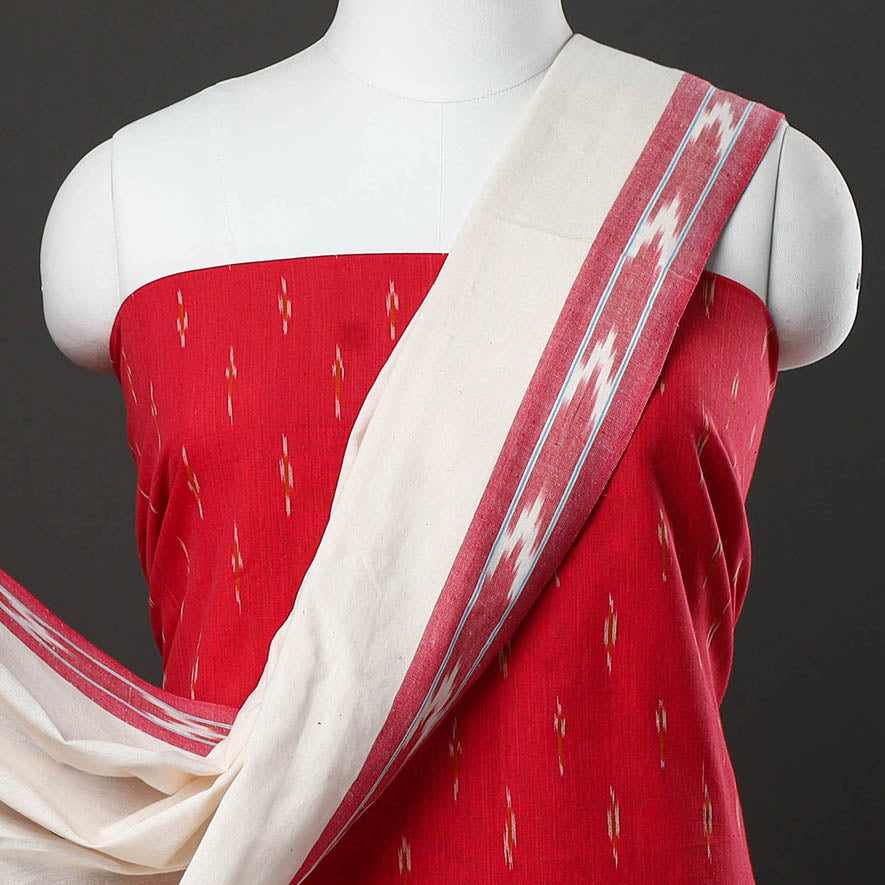 Red - 3pc Cotton Handloom Pochampally Ikat Dress Material 01