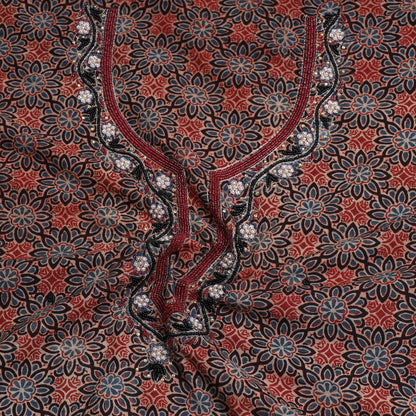Multicolor - Ajrakh Block Printed Zardozi & Bead Work Hand Embroidery Cotton Kurta Material - 2.5 Meter