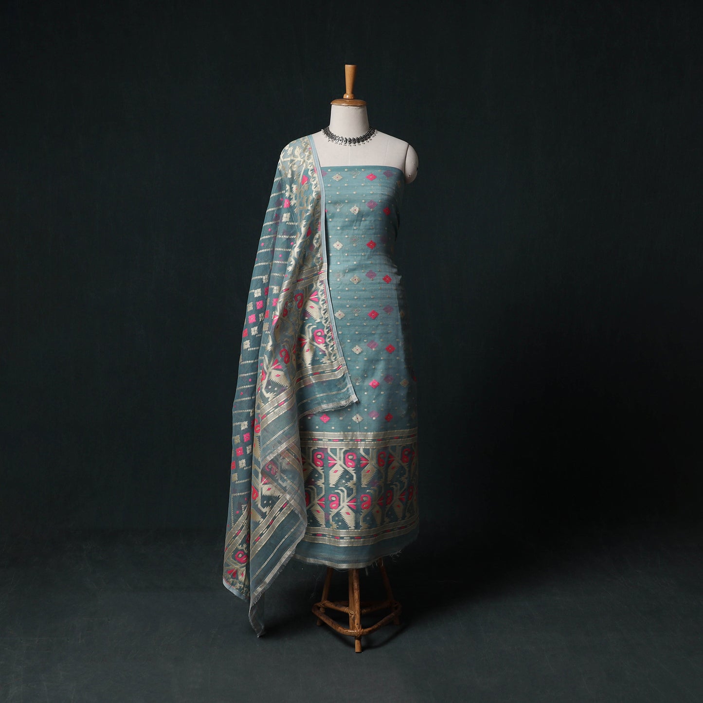 Phulia Jamdani Silk Cotton 2pc Unstitched Dress Material Kurta Set 14