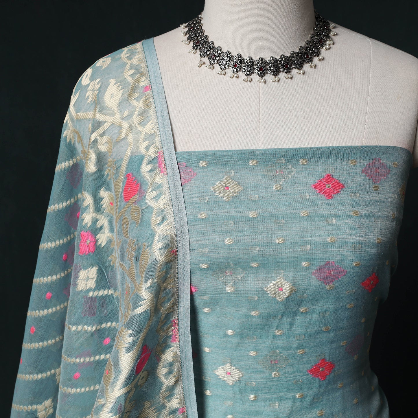 Phulia Jamdani Silk Cotton 2pc Unstitched Dress Material Kurta Set 14
