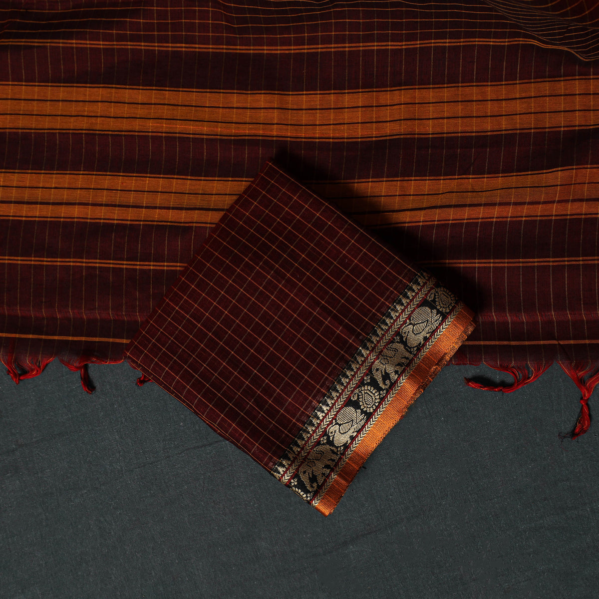 Maroon - Dharwad Checks Mercerised Cotton 3pc Unstitched Dress Material Suit Set 01
