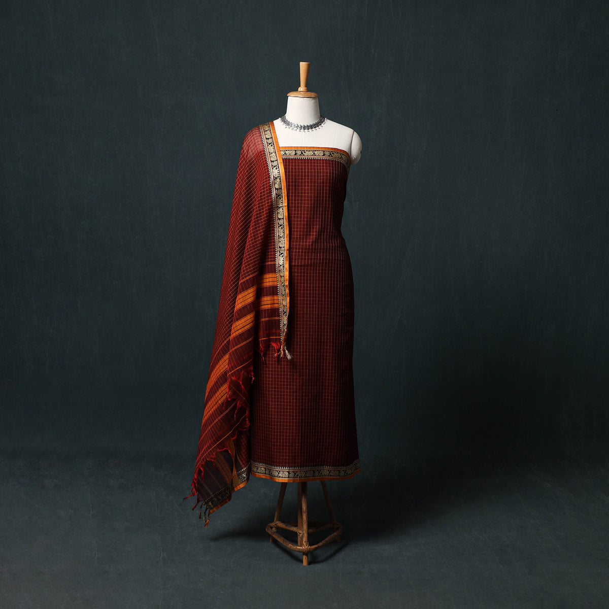 Maroon - Dharwad Checks Mercerised Cotton 3pc Unstitched Dress Material Suit Set 01