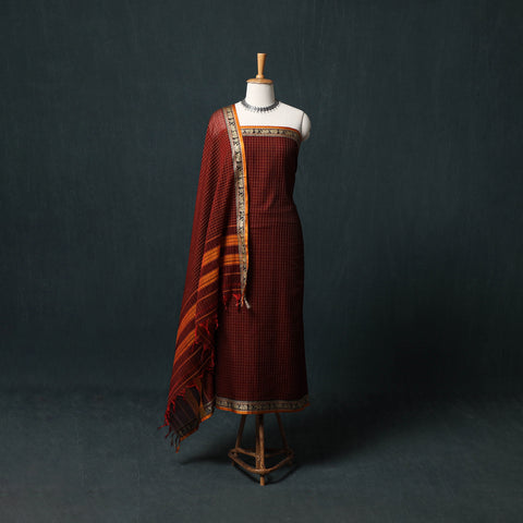 Maroon - Dharwad Checks Mercerised Cotton 3pc Unstitched Dress Material Suit Set 01
