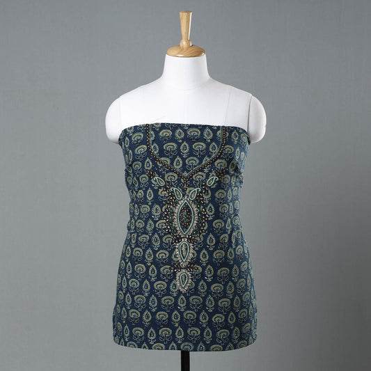 Blue - Ajrakh Block Printed Kundan & Bead Work Hand Embroidery Cotton Kurti Material - 2.6 Meter