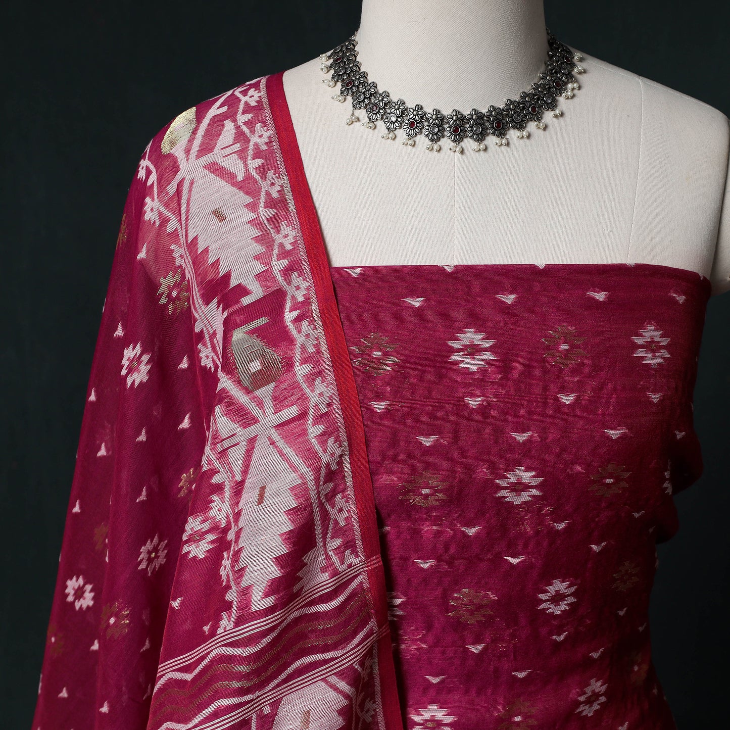 Phulia Jamdani Silk Cotton 2pc Unstitched Dress Material Kurta Set 19