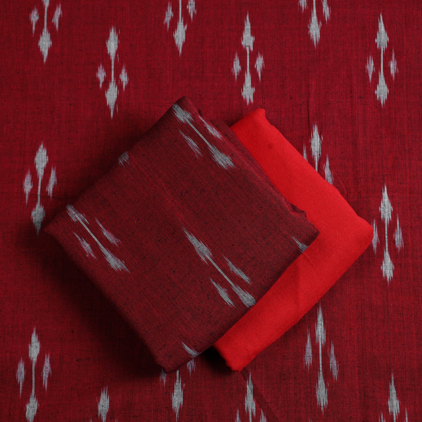 Red - 3pc Cotton Handloom Pochampally Ikat Dress Material 15