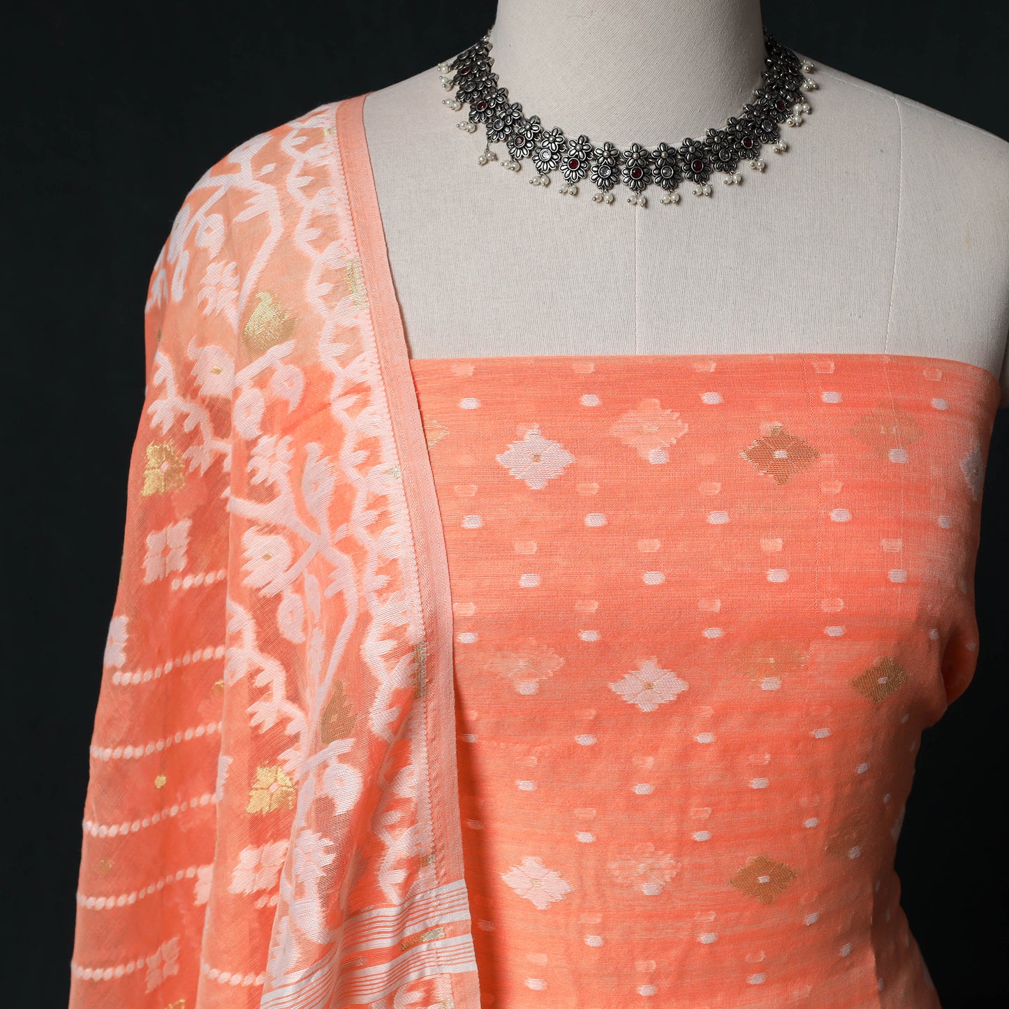 Phulia Jamdani Silk Cotton 2pc Unstitched Dress Material Kurta Set 21