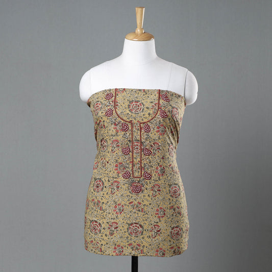 Yellow - Kalamkari Block Printed Kundan & Bead Work Hand Embroidery Cotton Kurti Material - 2.6 Meter