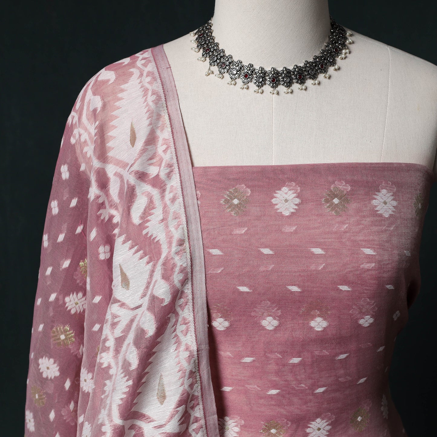 Phulia Jamdani Silk Cotton 2pc Unstitched Dress Material Kurta Set 25
