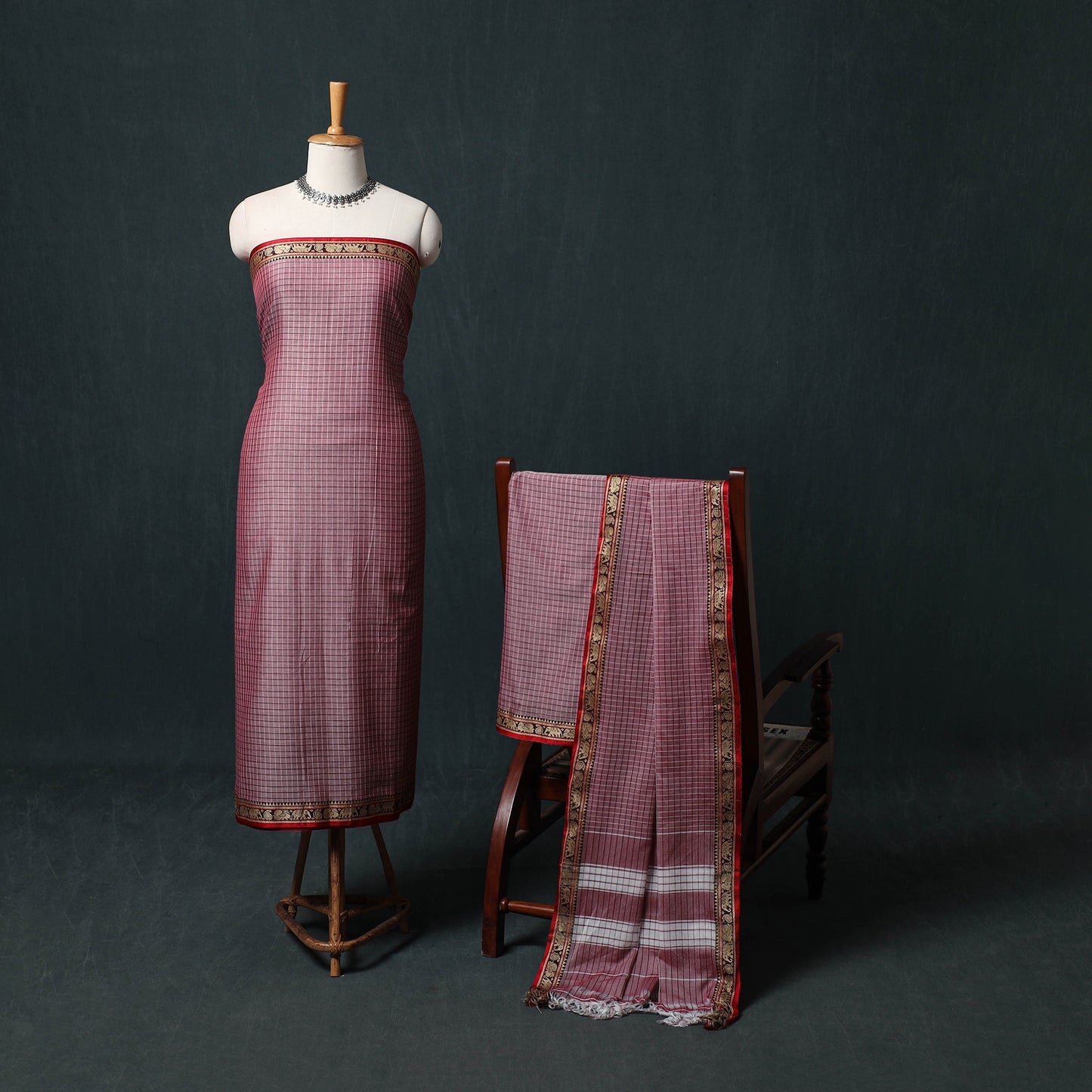 Dharwad Checks Mercerised Cotton 3pc Unstitched Dress Material Suit Set 09